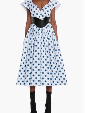 McQueen Iris Print Off the Shoulder Cotton Poplin Fit and Flare Midi Dress